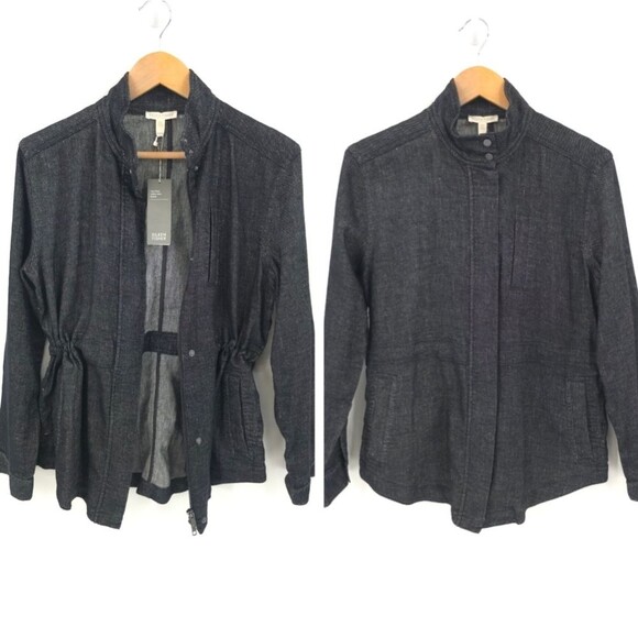 Eileen Fisher Linen Zip Jacket Black Chambray Cinch Waist Yarn Dyed Utility NWT - Picture 1 of 16